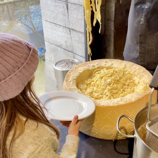 Pasta served from the Grana Padano wheel