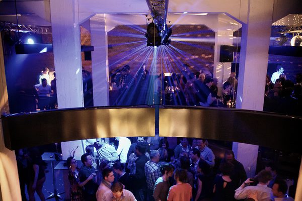 The room during a private party, seen from the mezzanine.