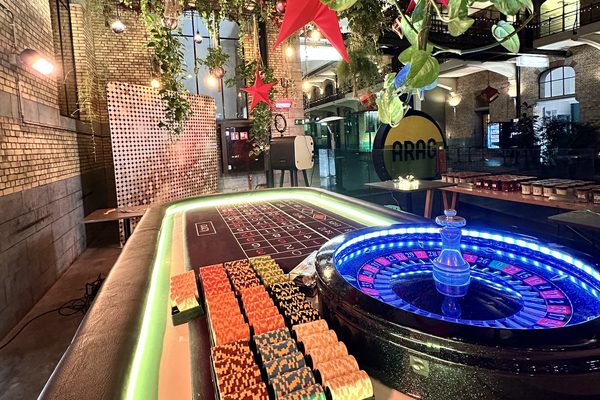 A casino table set up in the room.